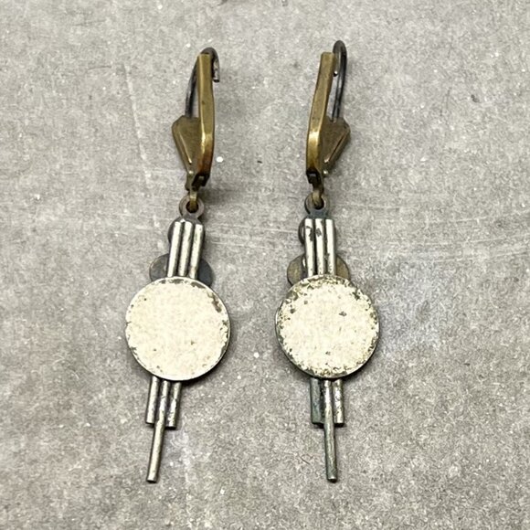 Vtg Handmade Art Deco Drop Pierced Earrings w/Tiny Crystal Accent & Lever Backs - Picture 2 of 4
